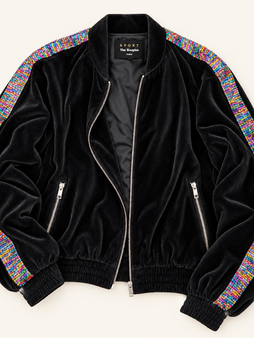 The Kooples Black Velvet Bomber with Multicolor Beaded Sleeve Trim